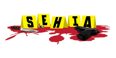 Crime scene evidence markers with blood and camera