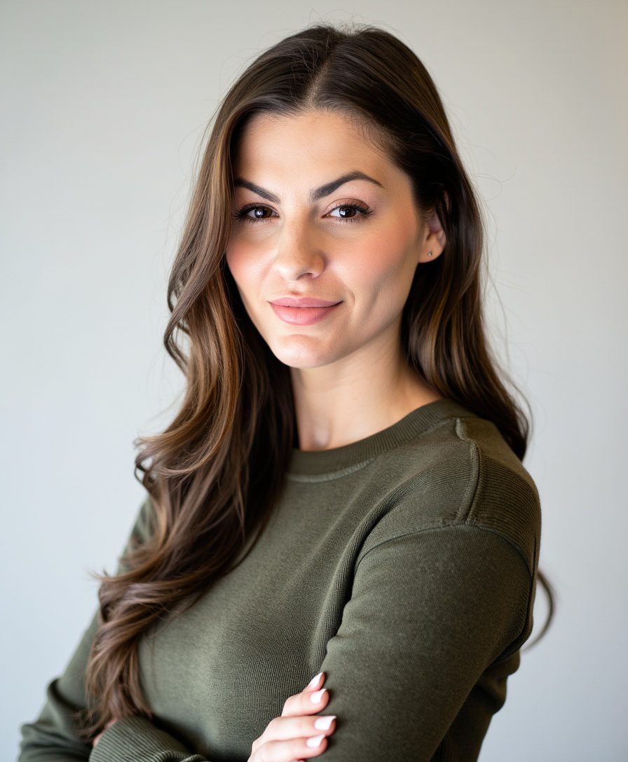 Smiling woman in olive green sweater