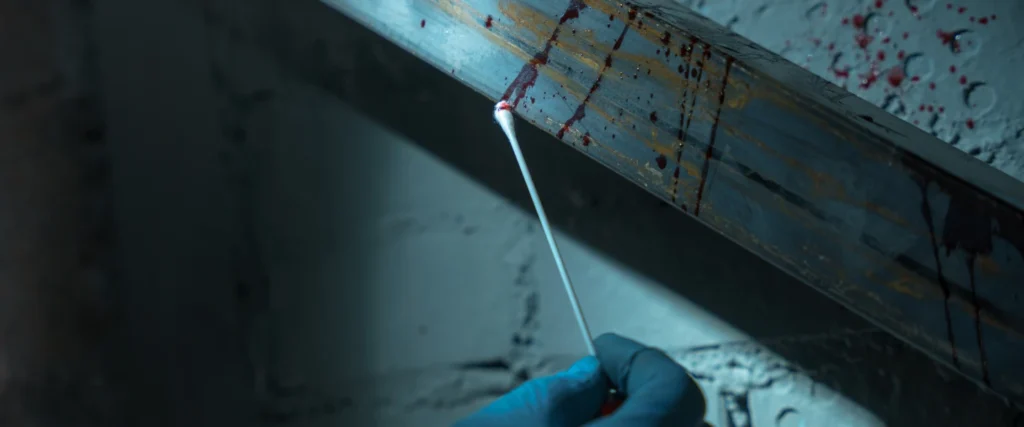 Gloved hand swabbing blood-stained metal beam